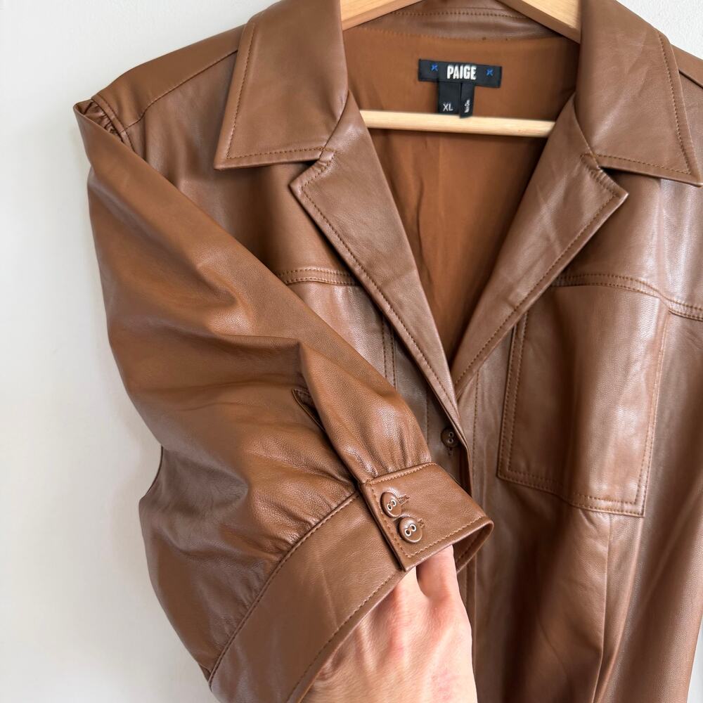Paige Mayslie Faux Leather Button Front Belted Mini Dress Brown XL - Picture 6 of 11